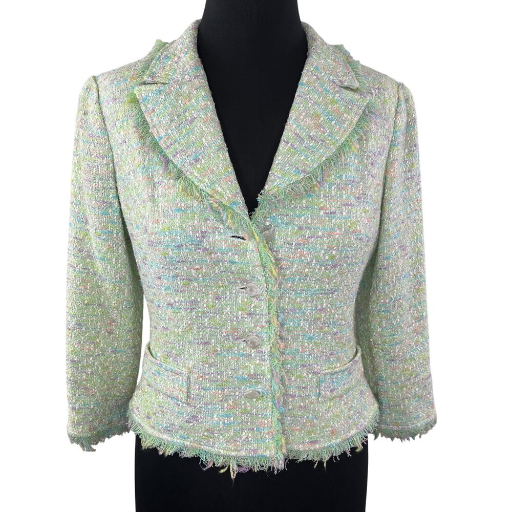 Rickie Freeman x Teri Jon Green Multi Tweed Fringe Short Blazer Jacket Spring 4